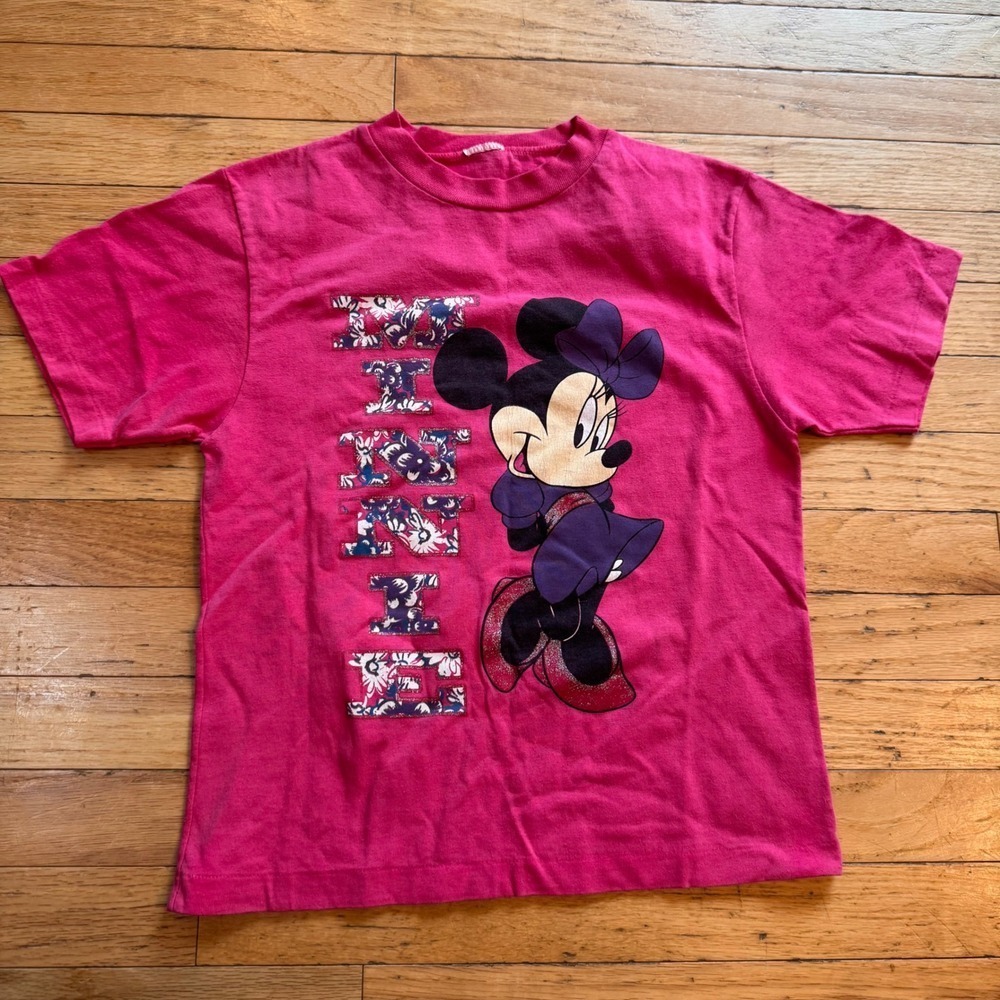 Disney Minnie Mouse Pink Graphic‎ T-Shirt Floral Glitter Kids Girls Short Sleeve